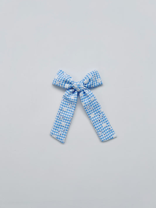 PHOEBE LONGTAIL BOW // Embroidered Blue Gingham